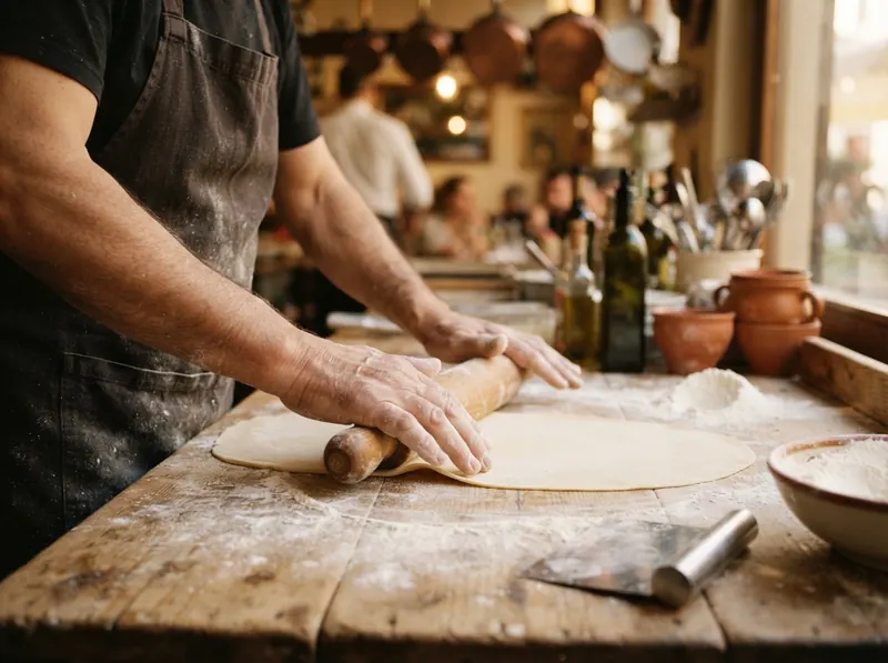 Hands rolling out fresh pasta dough