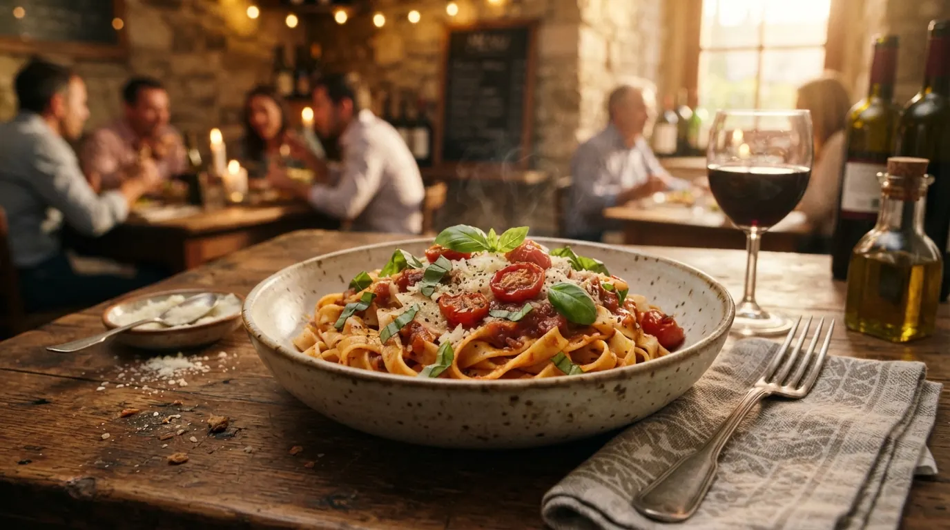 Fresh tagliatelle with tomato sauce, basil and parmesan