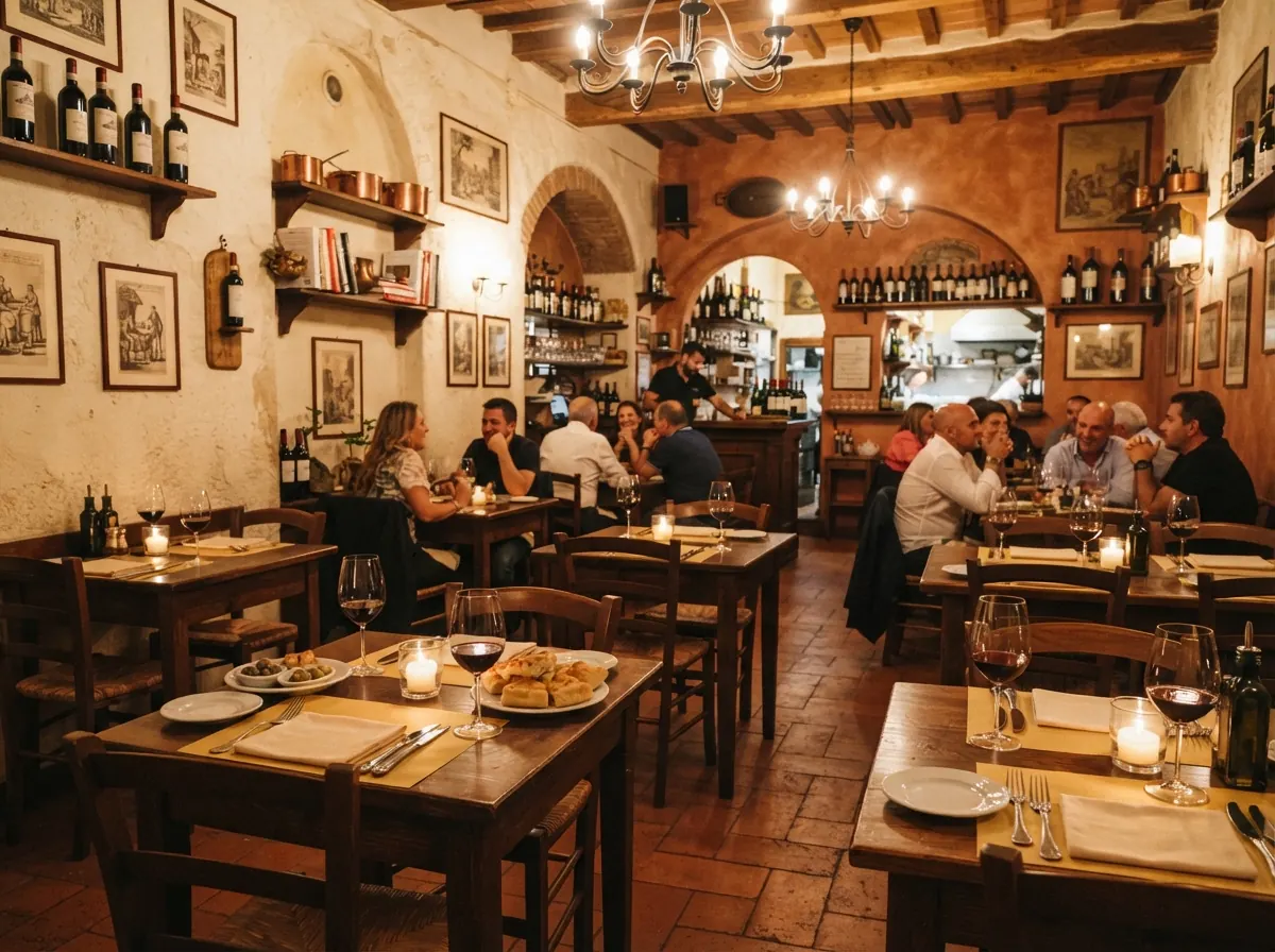 Warmes italienisches Restaurant mit gedeckten Tischen