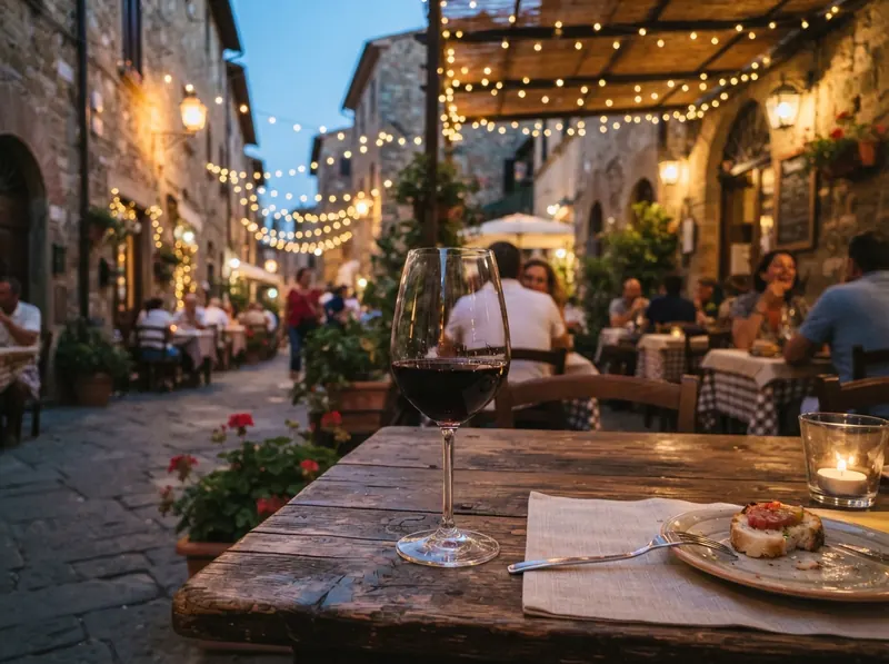 Glas Rotwein auf der Terrasse in der Abenddämmerung